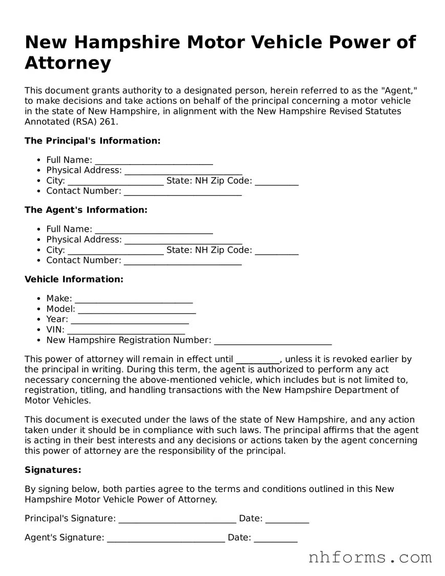 Attorney-Approved  Motor Vehicle Power of Attorney Document for New Hampshire