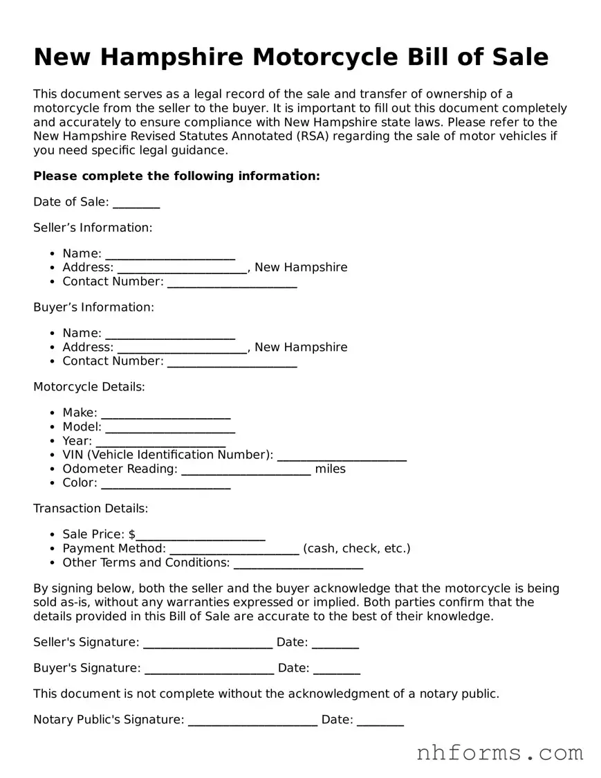 Attorney-Approved  Motorcycle Bill of Sale Document for New Hampshire