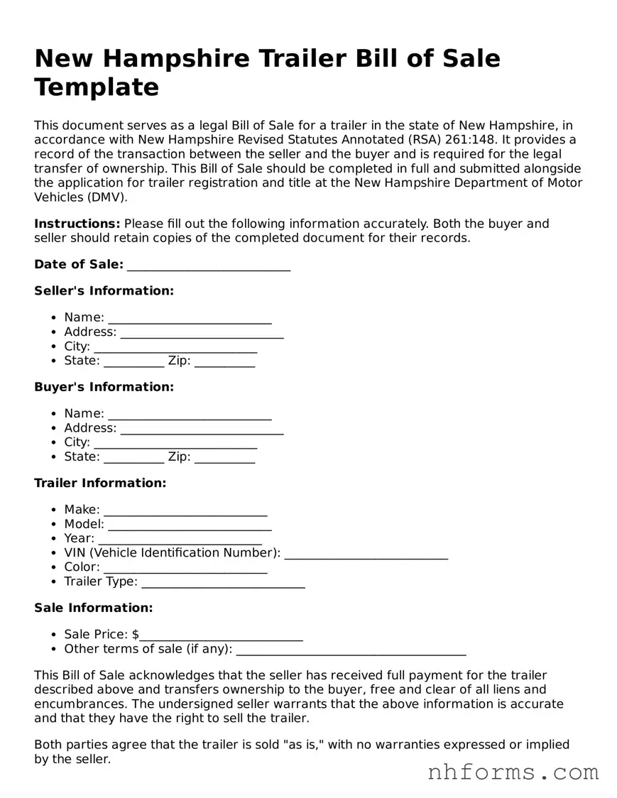 Attorney-Approved  Trailer Bill of Sale Document for New Hampshire