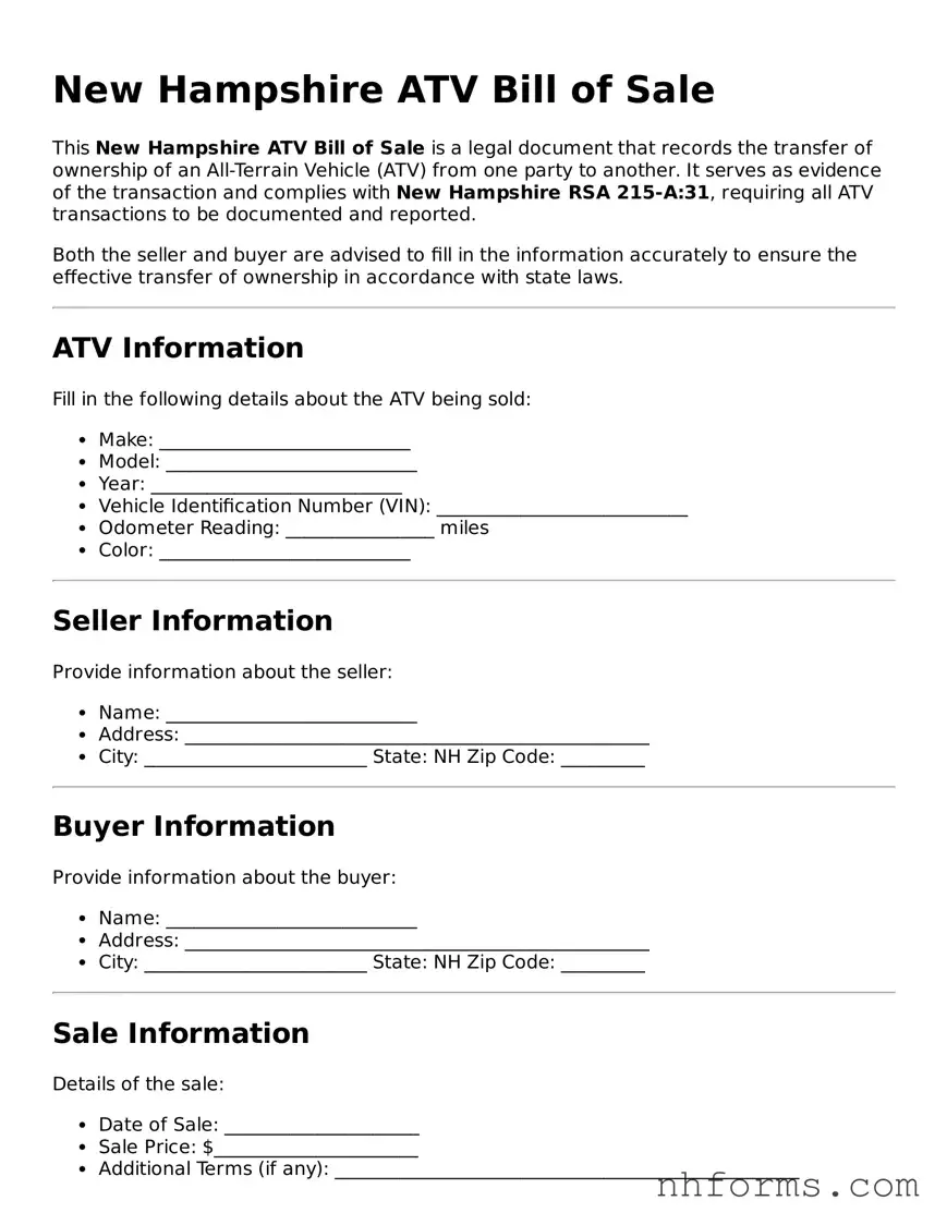 Attorney-Approved  ATV Bill of Sale Document for New Hampshire