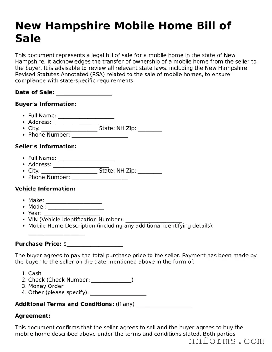 Attorney-Approved  Mobile Home Bill of Sale Document for New Hampshire