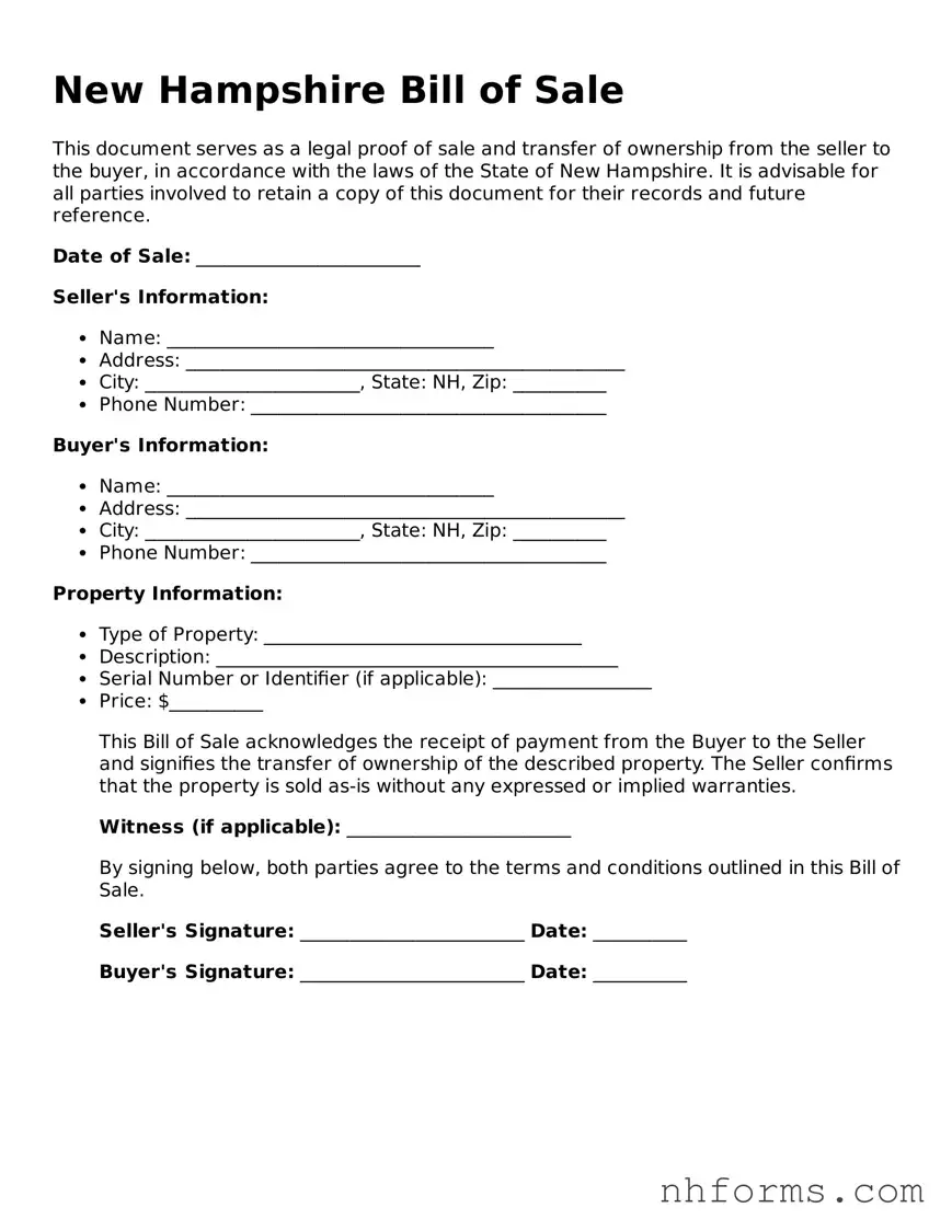 Attorney-Approved  Bill of Sale Document for New Hampshire