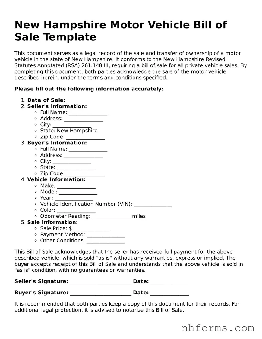Attorney-Approved  Motor Vehicle Bill of Sale Document for New Hampshire