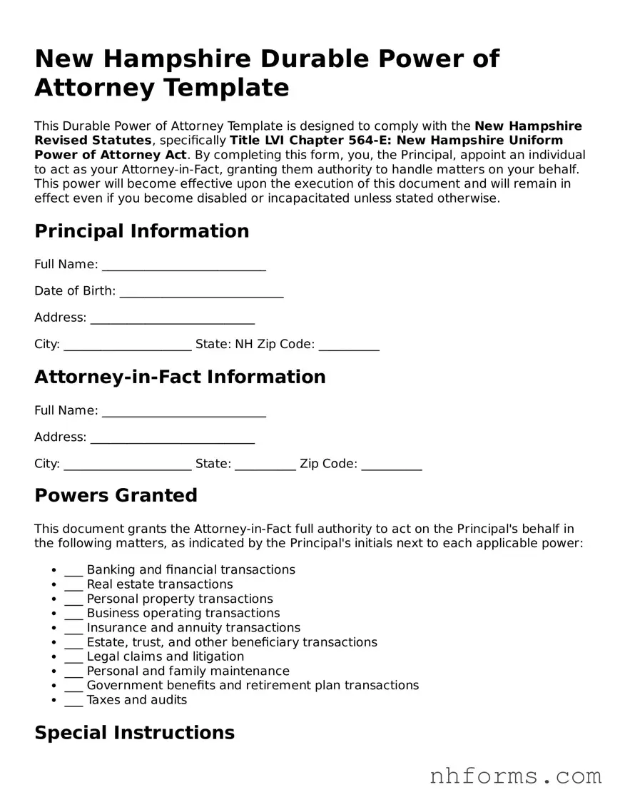 Attorney-Approved  Durable Power of Attorney Document for New Hampshire