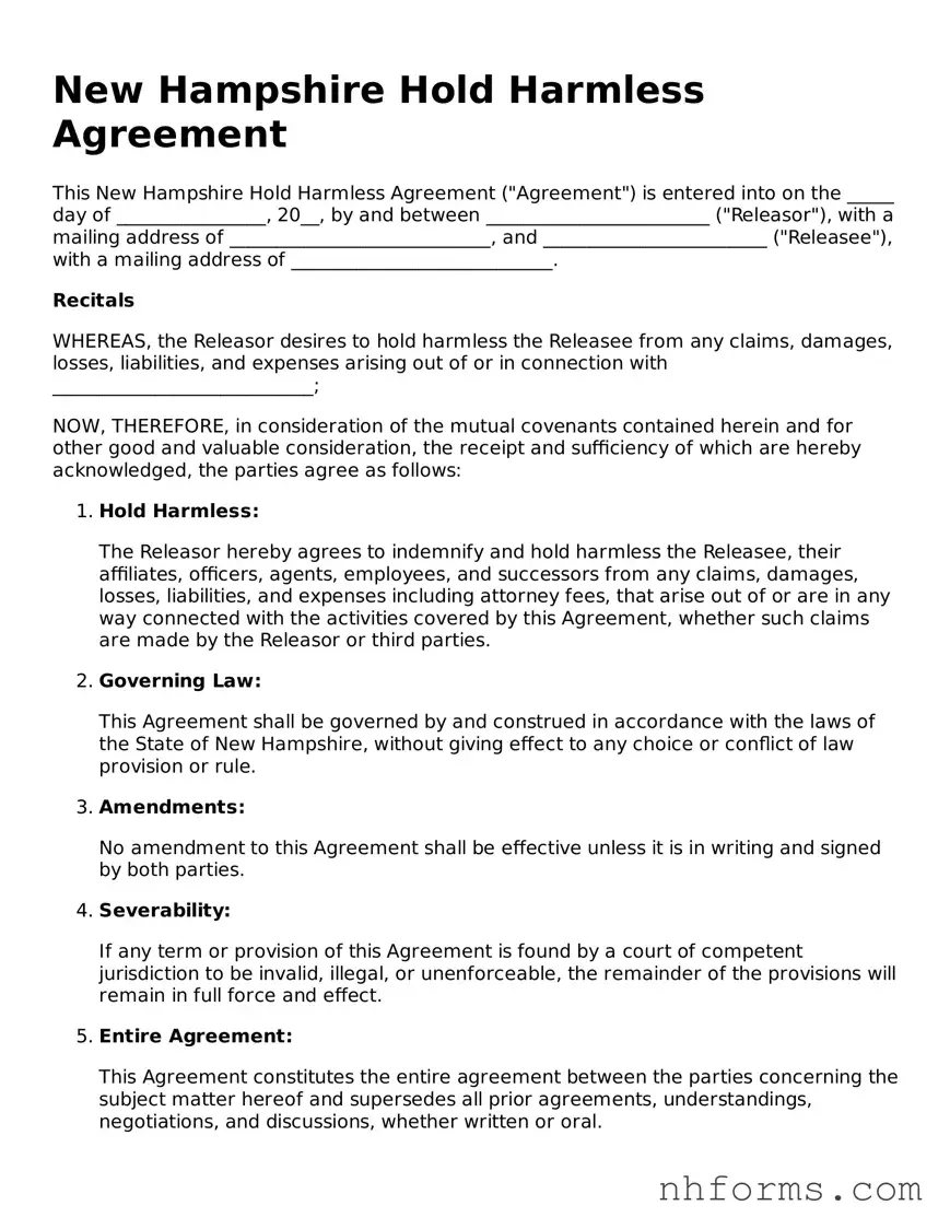 Attorney-Approved  Hold Harmless Agreement Document for New Hampshire