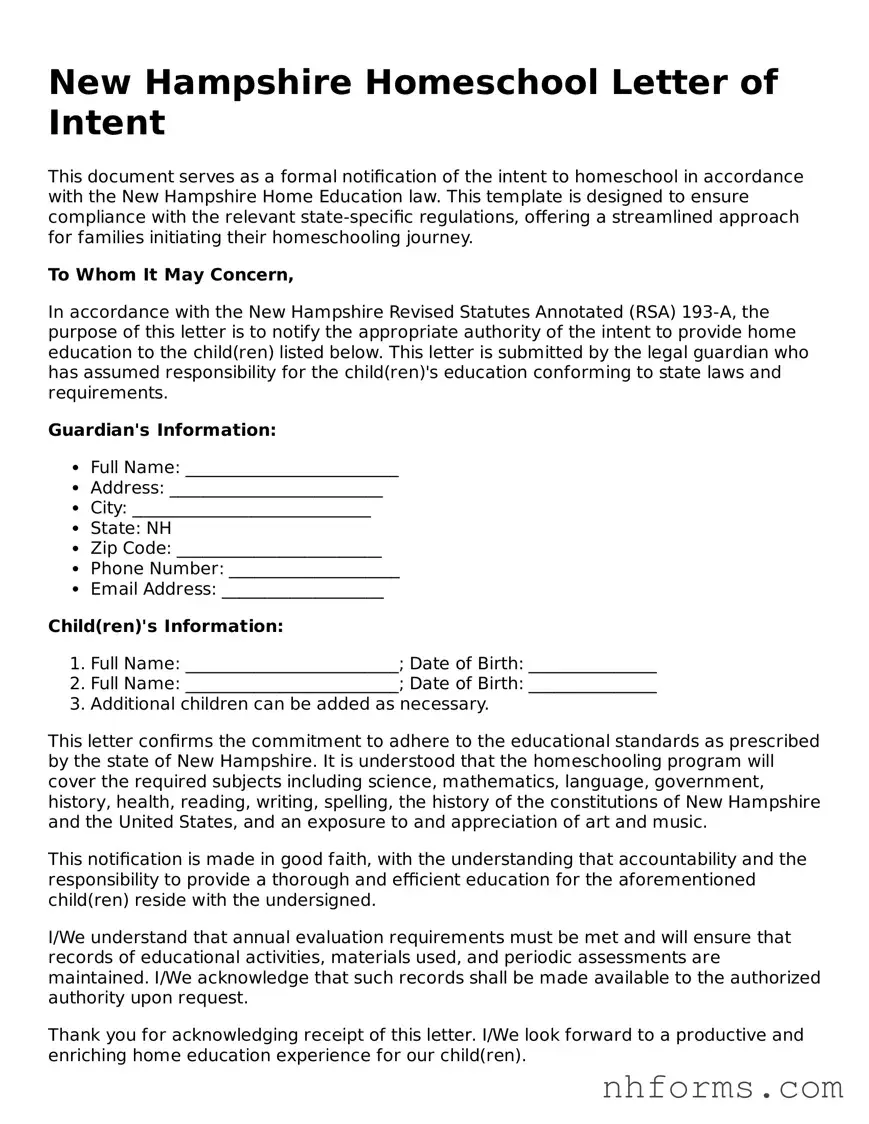 Attorney-Approved  Homeschool Letter of Intent Document for New Hampshire