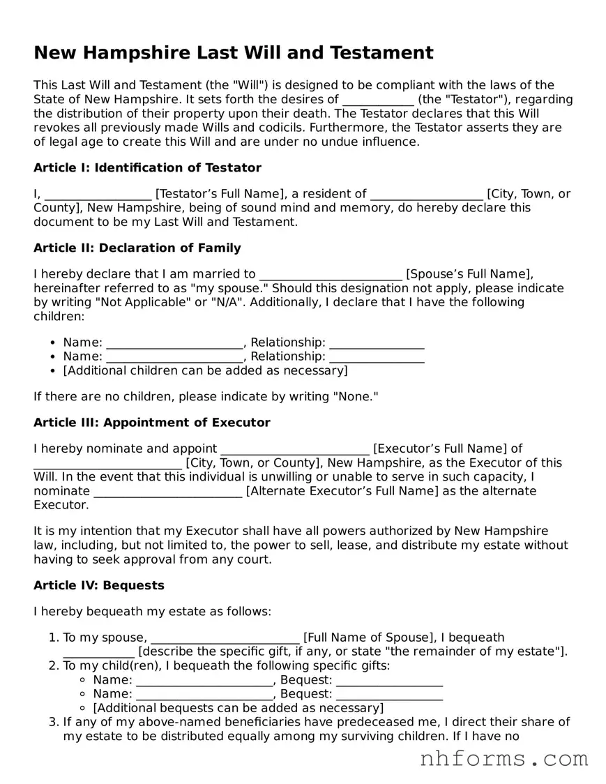 Attorney-Approved  Last Will and Testament Document for New Hampshire