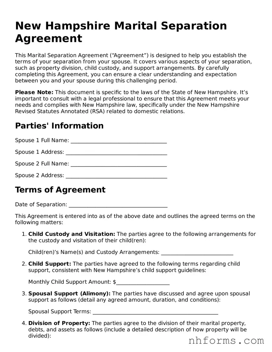 Attorney-Approved  Marital Separation Agreement Document for New Hampshire