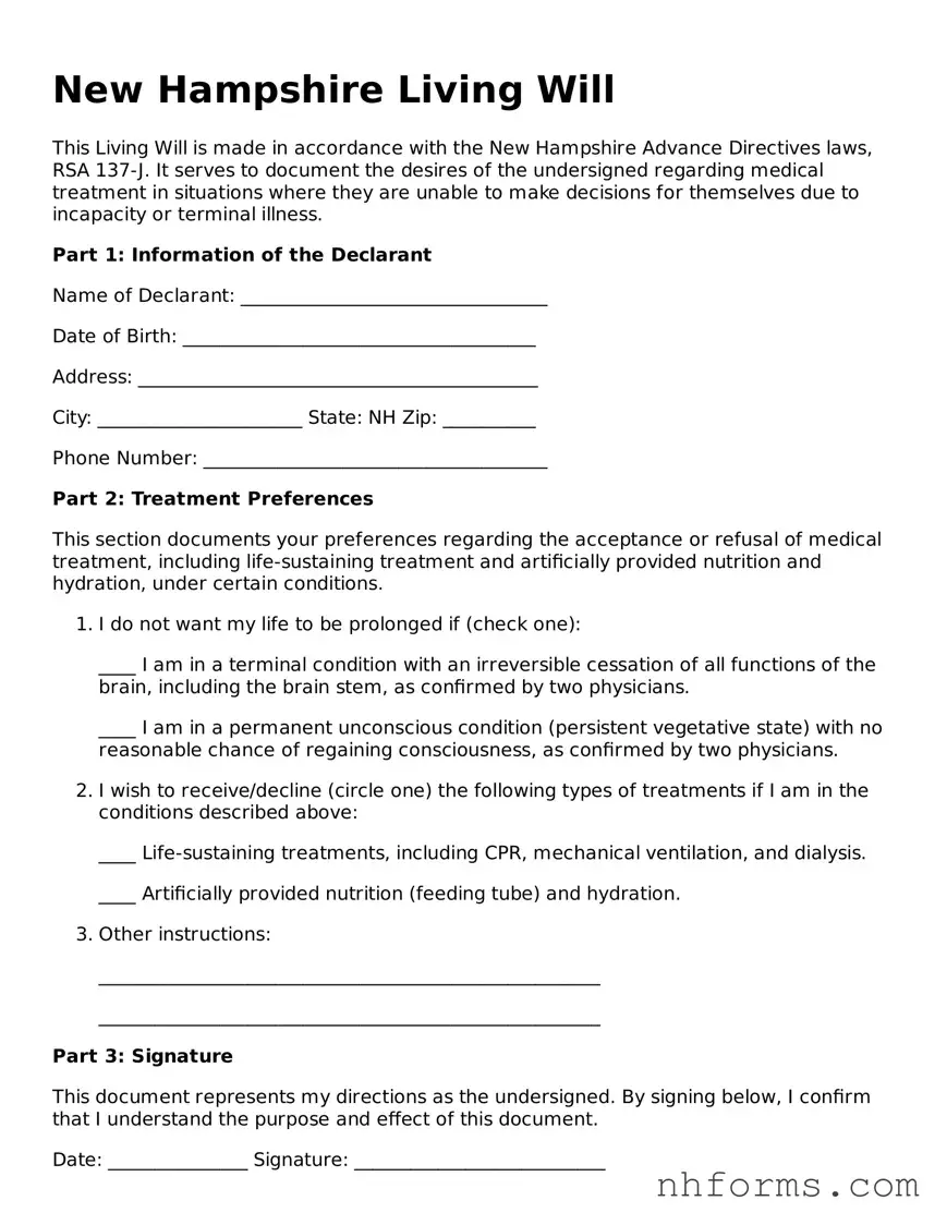 Attorney-Approved  Living Will Document for New Hampshire