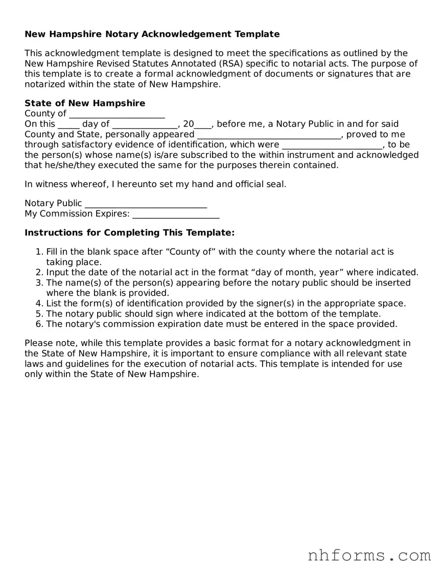 Attorney-Approved  Notary Acknowledgement Document for New Hampshire