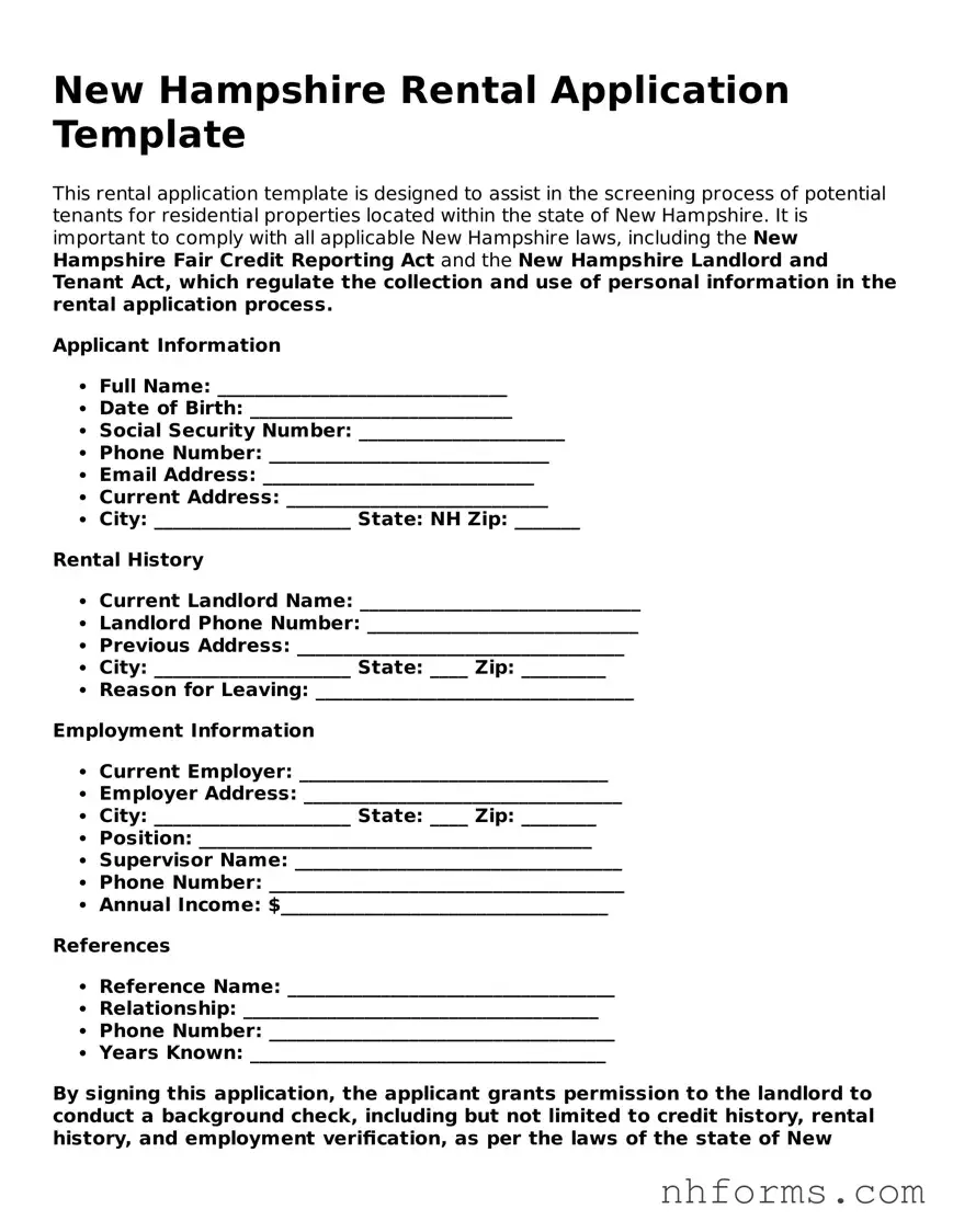 Attorney-Approved  Rental Application Document for New Hampshire