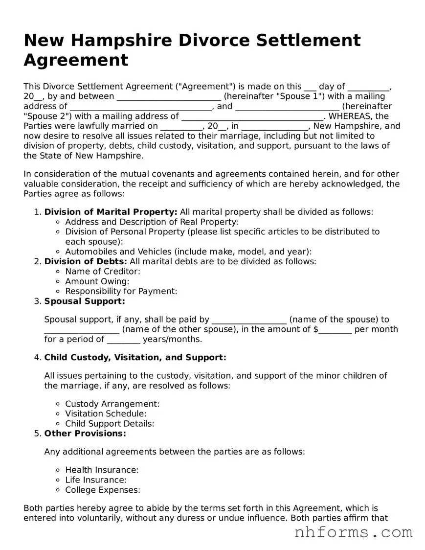 Attorney-Approved  Divorce Settlement Agreement Document for New Hampshire