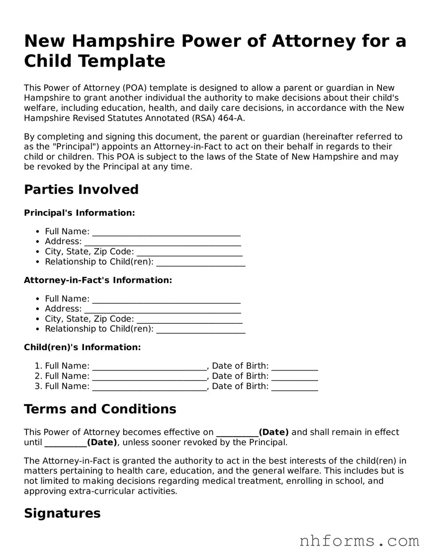 Attorney-Approved  Power of Attorney for a Child Document for New Hampshire
